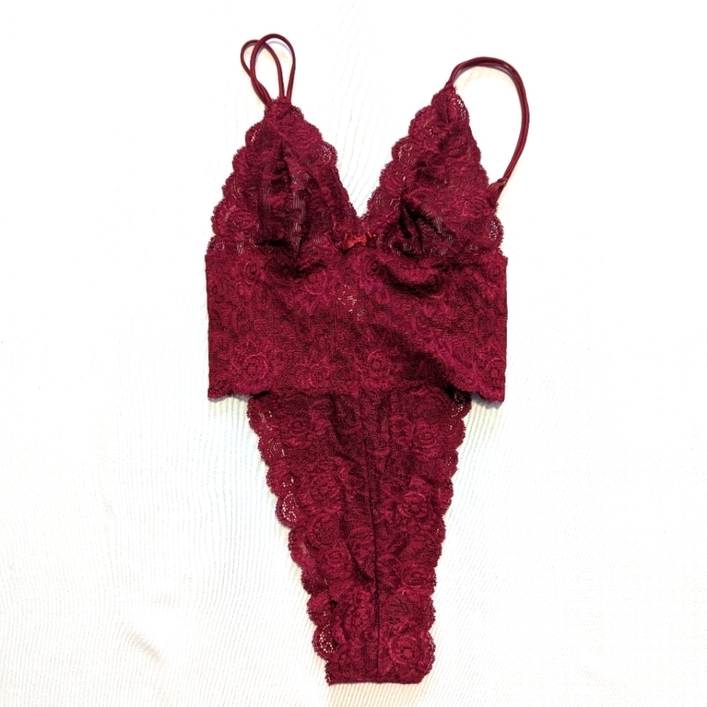 Silk & Satin burgundy red lace bodysuit teddy women's size Small
